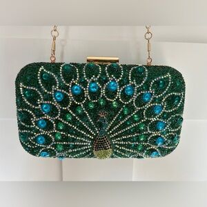 Elegant Green and Blue Crystal Peacock Clutch
